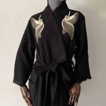 kimono bawelna czarne haft ptak