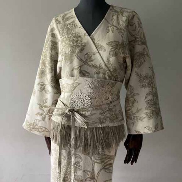 kimono bawelna pasek tloczony wzor motyle ptaki